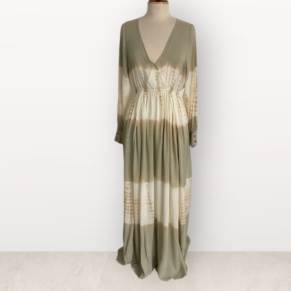 AAKAA beige tan tiedye MAXI dress boho chic GYPSET THIGH SLIT medium lightweight - Picture 3 of 12